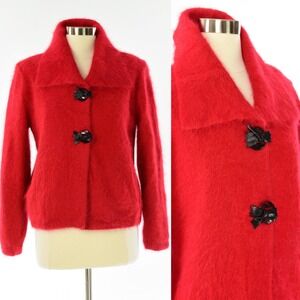 80s Vintage Red Angora Wool Jacket Womens L Fuzzy Mohair Style Bow Button Coat